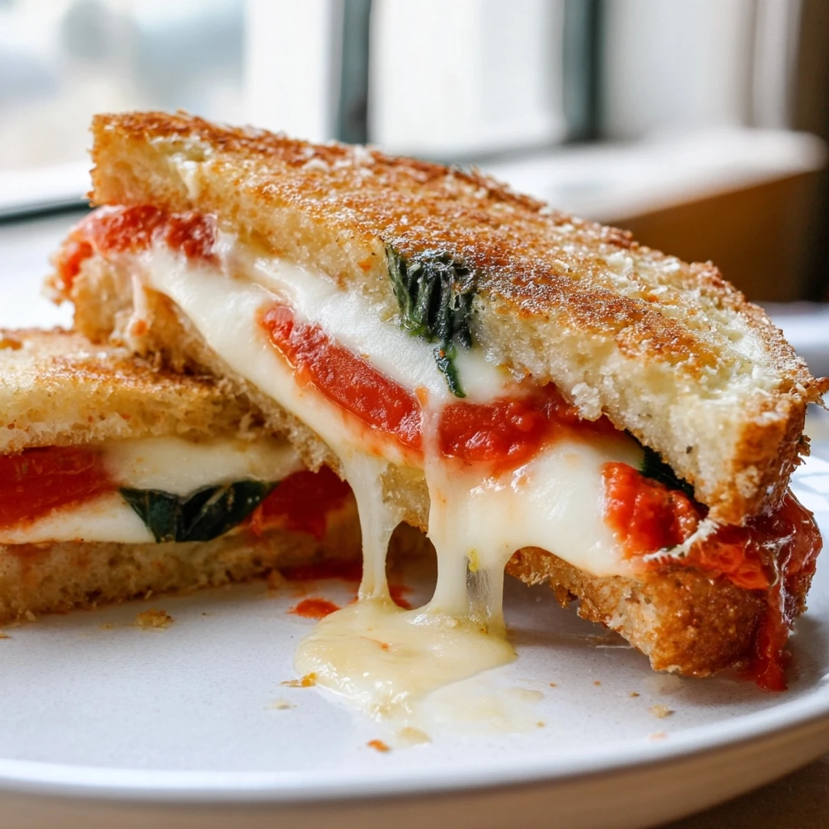 Golden-brown, bubbly air fryer pizza Margherita grilled cheese: a comforting blend of pizza and sandwich favorites.