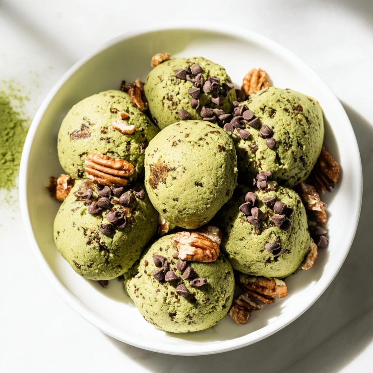 No-bake Matcha Gingerbread Cookie Dough Protein Bites, ready to enjoy with a hint of warm spice and matcha flavor.