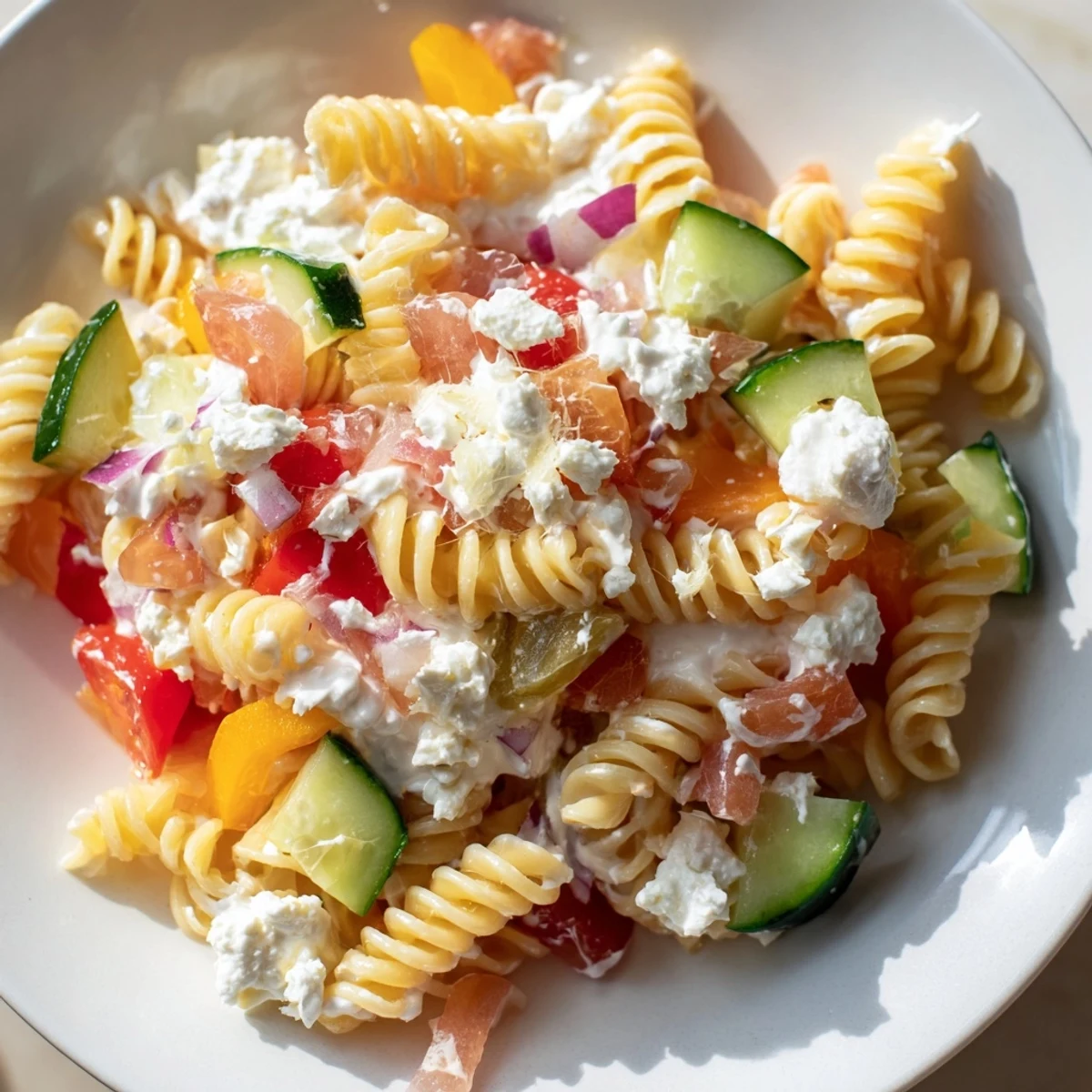 Creamy Greek Yogurt Million Dollar Christmas Pasta Salad with colorful vegetables, perfect side for events.