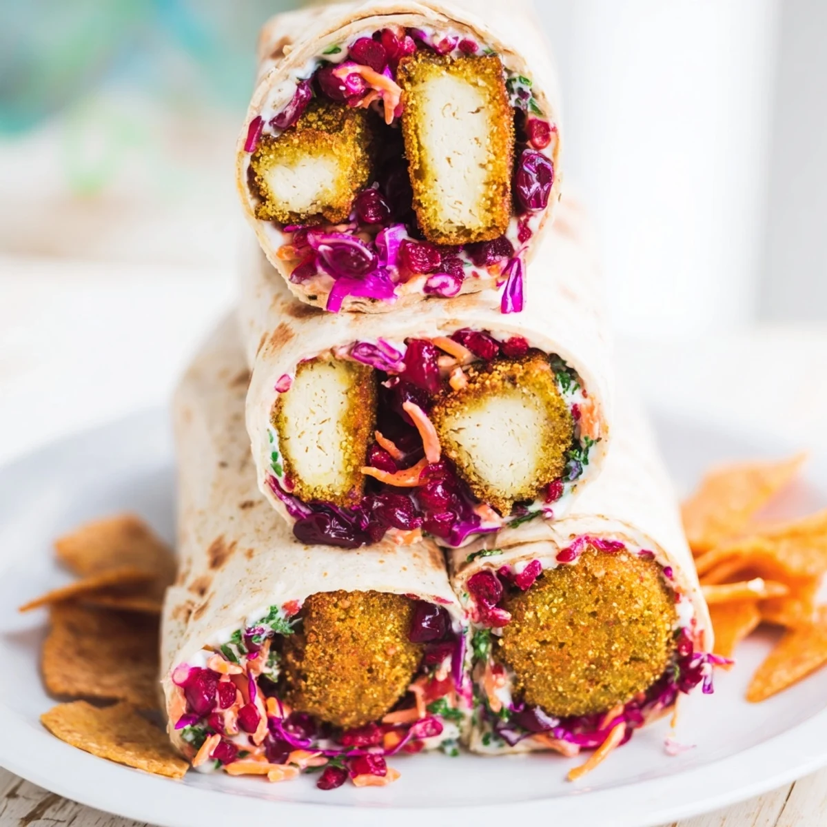 Golden, crispy sweet chili tofu in a crunch wrap, layered with holiday slaw.