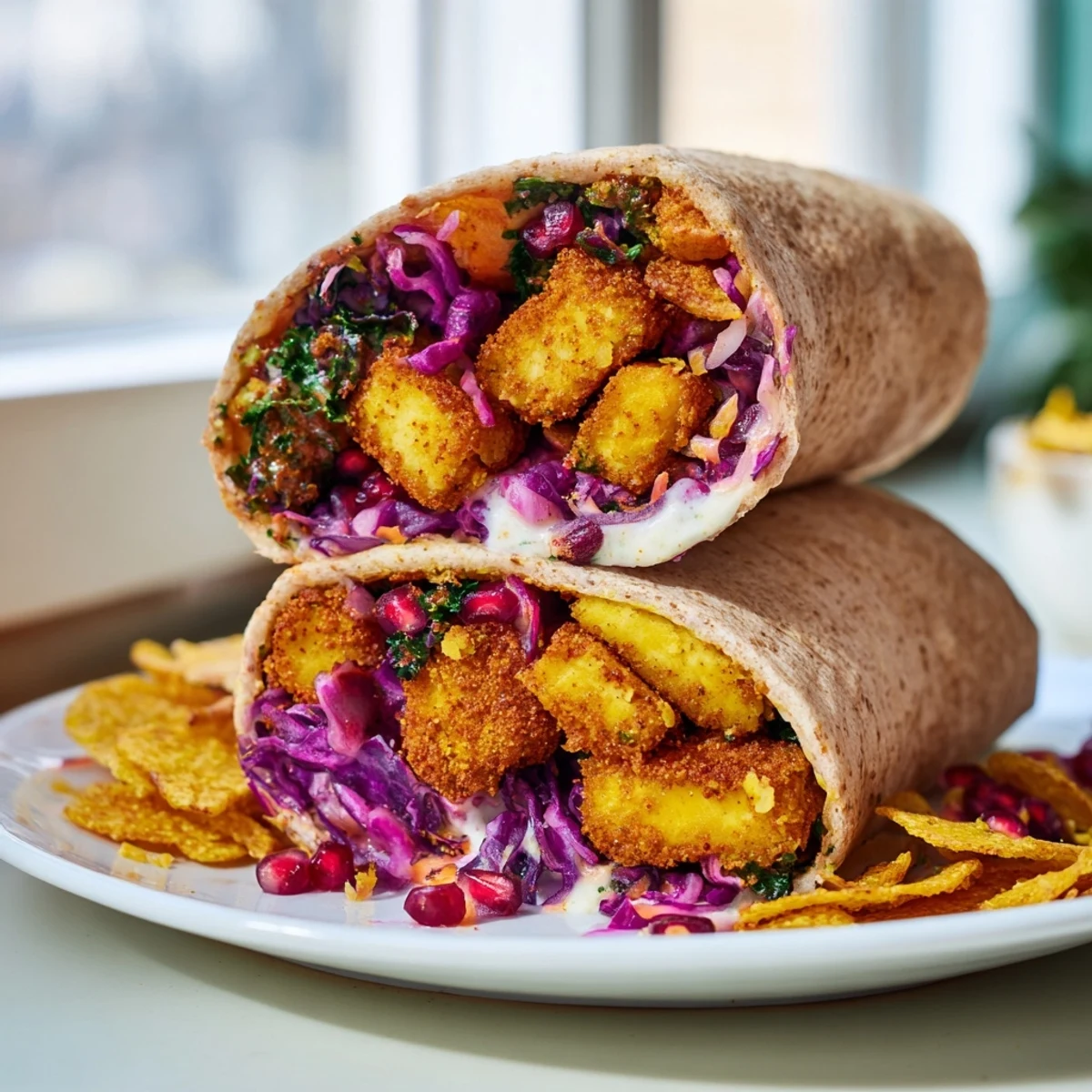 Savory sweet chili tofu, cradled in a crunchy wrap with a festive holiday slaw.