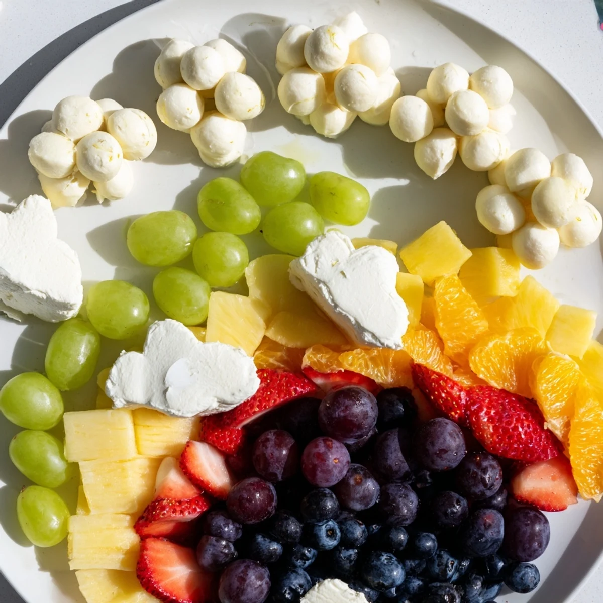 Vibrant Cloud & Rainbow grazing board, showcasing red strawberries, green grapes, and creamy cheeses for guests.