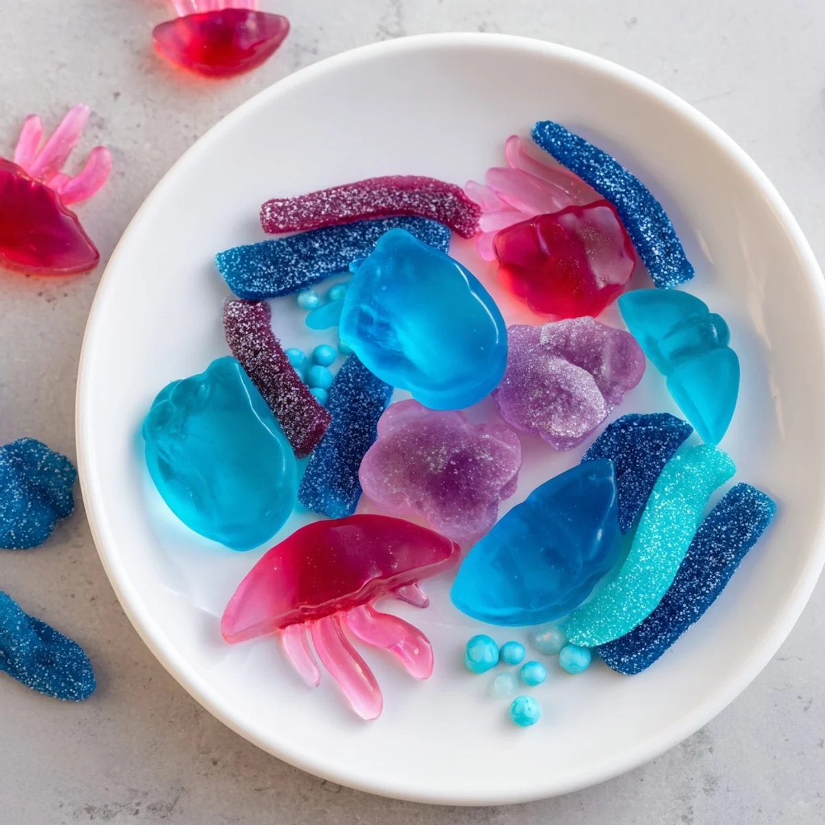 A whimsical Jellyfish Candy Platter offers a delightful sea-inspired dessert arrangement, perfect for any party gathering.