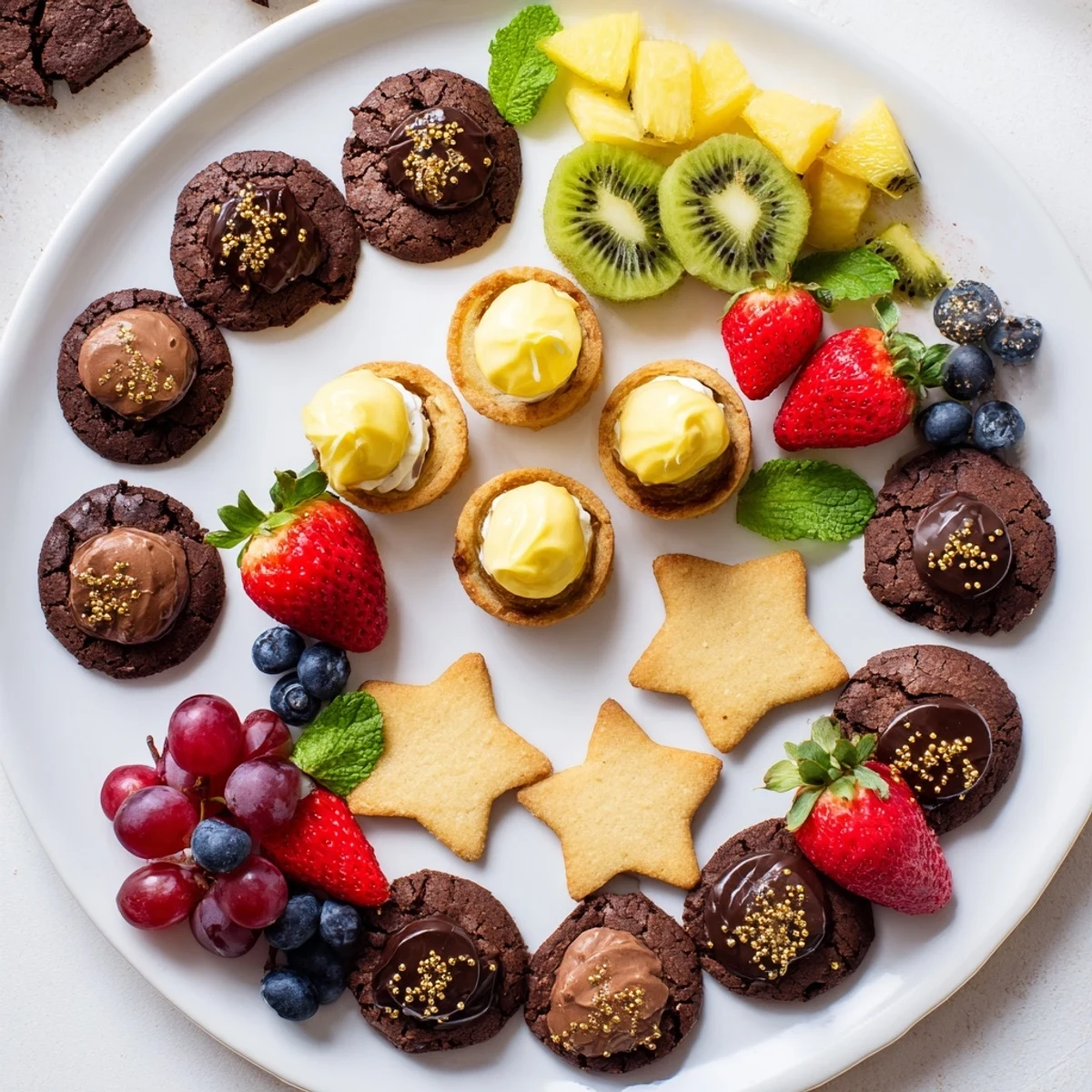 A visually stunning Star-Studded Dessert Board overflowing with mini treats, fruit, and dips for a party.