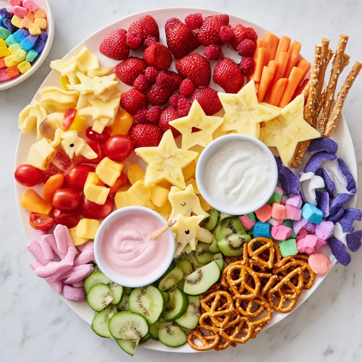 Colorful Unicorn Party Platter featuring sweet marshmallows, cookies, and whimsical candies arranged beautifully.