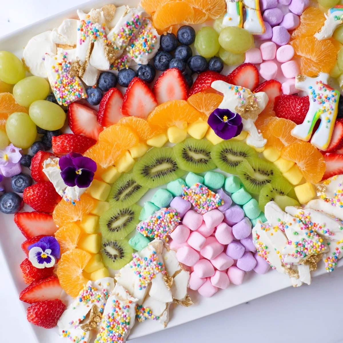 A beautifully arranged Magical Unicorn Rainbow Dessert Board overflowing with colorful fruits, candies, and treats.