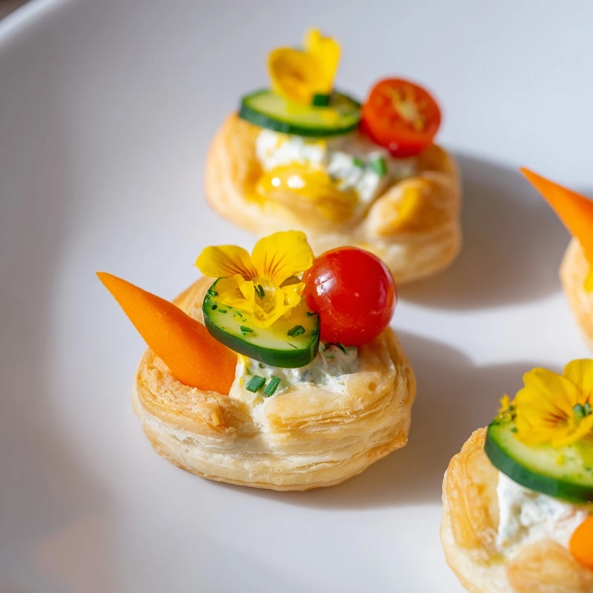 Whimsical Fairy Garden Flower Shaped Snacks, arranged with colorful vegetable petals on puff pastry.