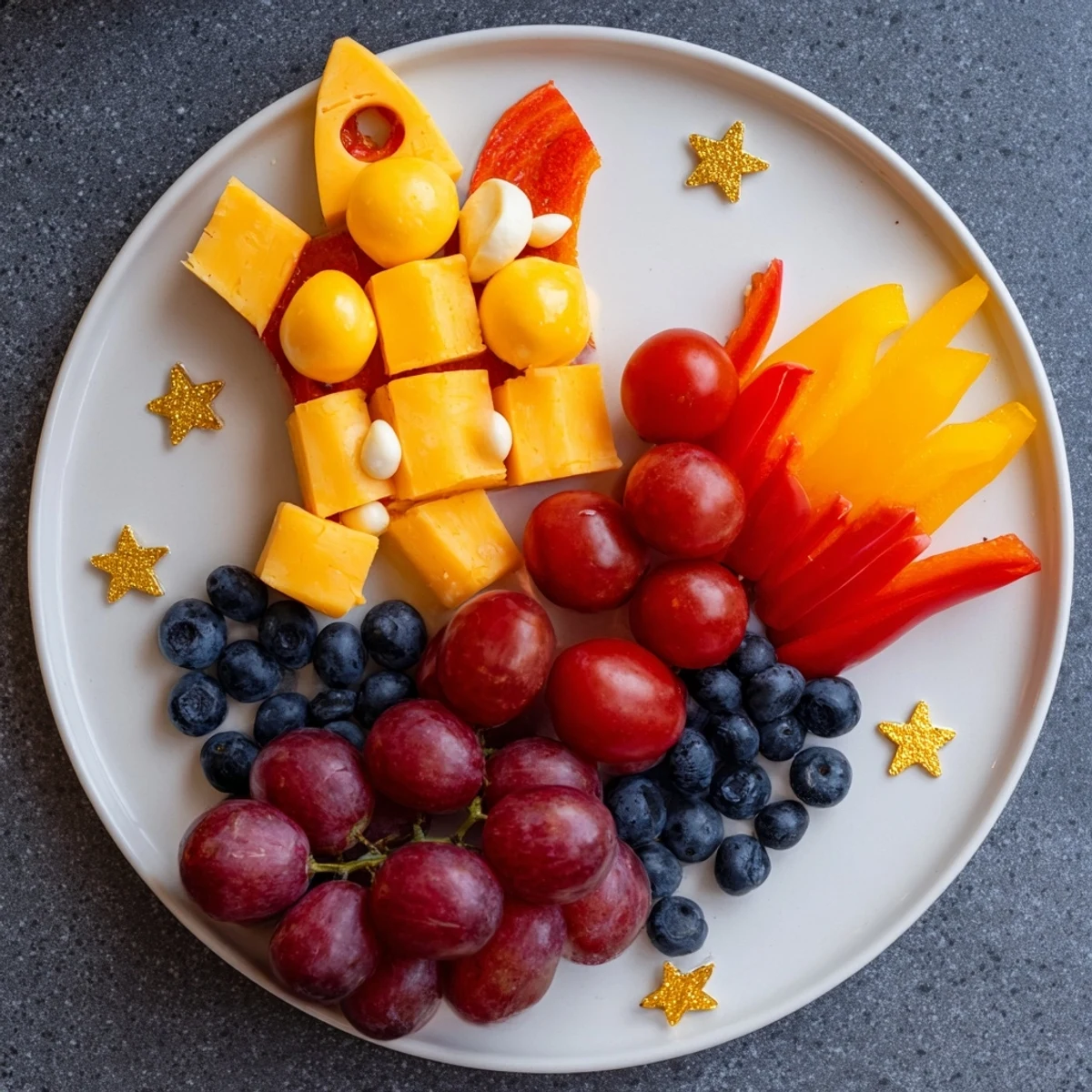 Blast Off Spaceship Snack Board featuring grapes and cheese, a fun and delicious snack tray.