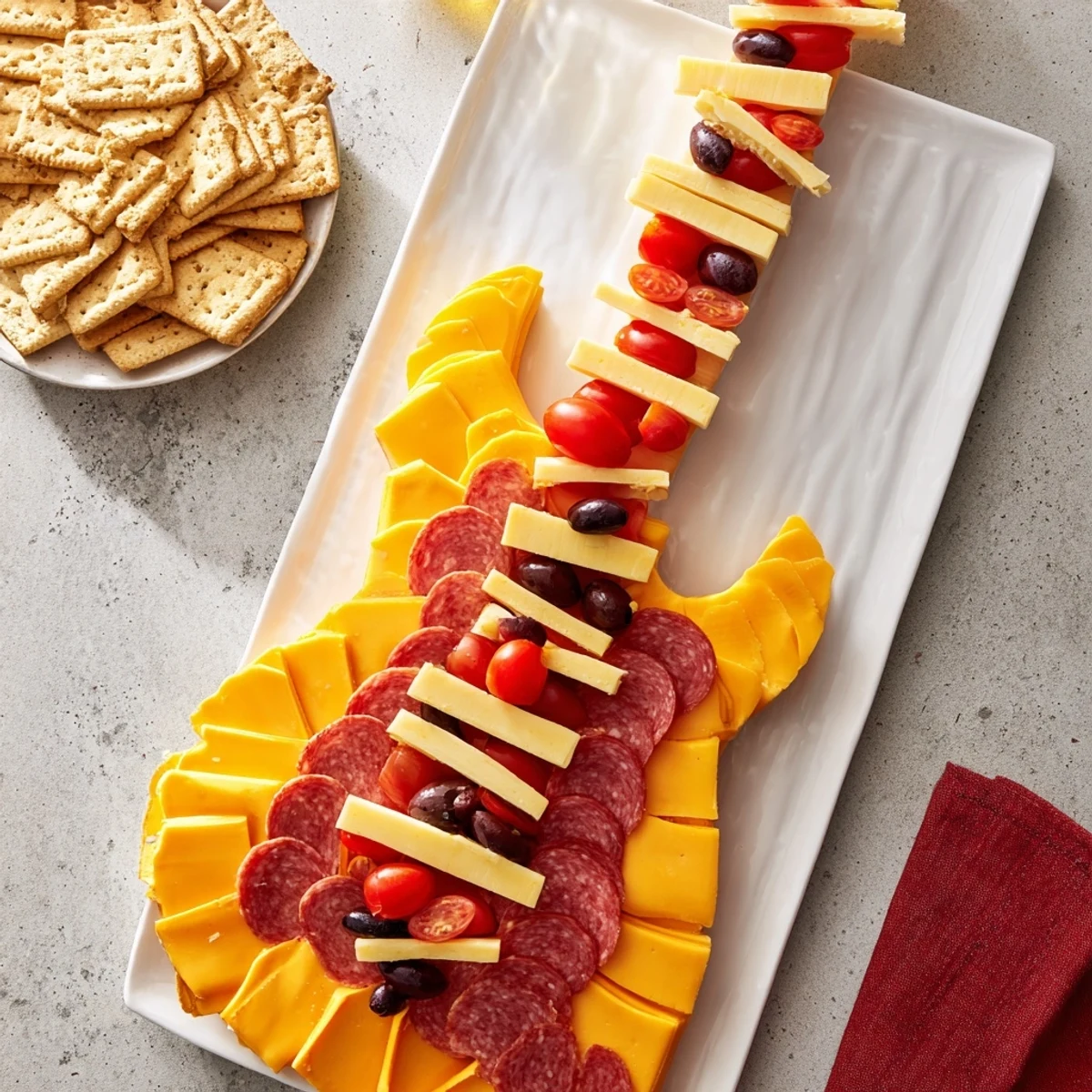The Rock Star Guitar Snack Platter, a visually exciting appetizer, overflowing with colorful veggies and cheeses.