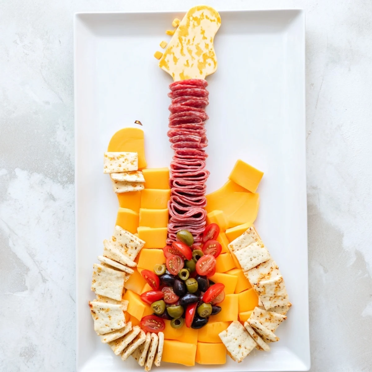 This Rock Star Guitar Snack Platter features cheese guitar body, breadsticks neck, and colorful veggie "strings" and frets.