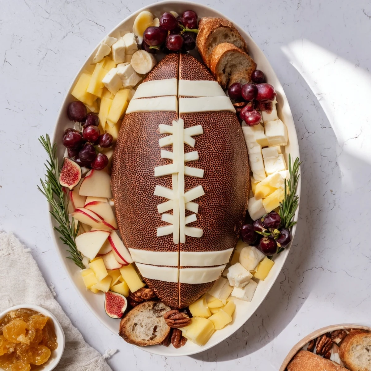 Delicious Rugby Ball Cheese Board showcasing creamy cheeses, fresh fruit and nuts for an elegant appetizer anyone can make.