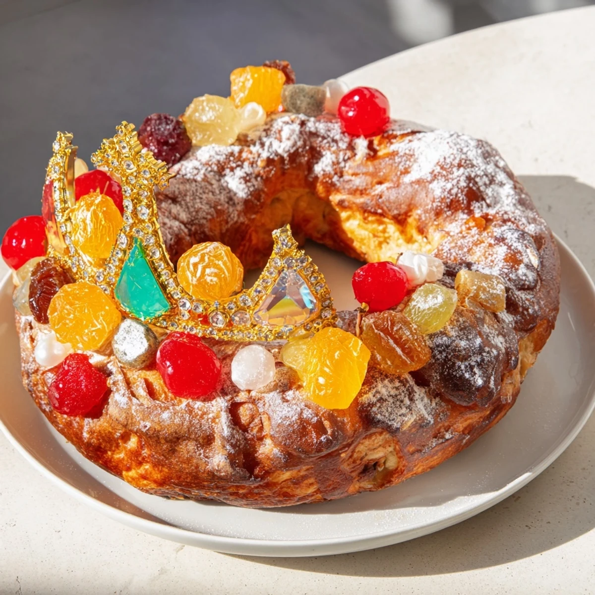 Golden-baked Couronne de Roi Bijoux Sucrés, a French crown bread, studded with jewel-like candied fruits.