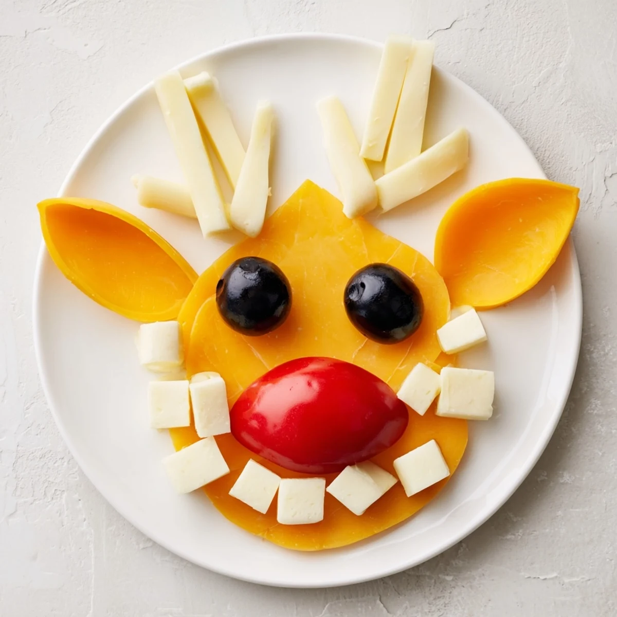 A festive Cheesy Reindeer Face Platter featuring cheddar, mozzarella, and gouda cheeses, ideal for holiday snacking.
