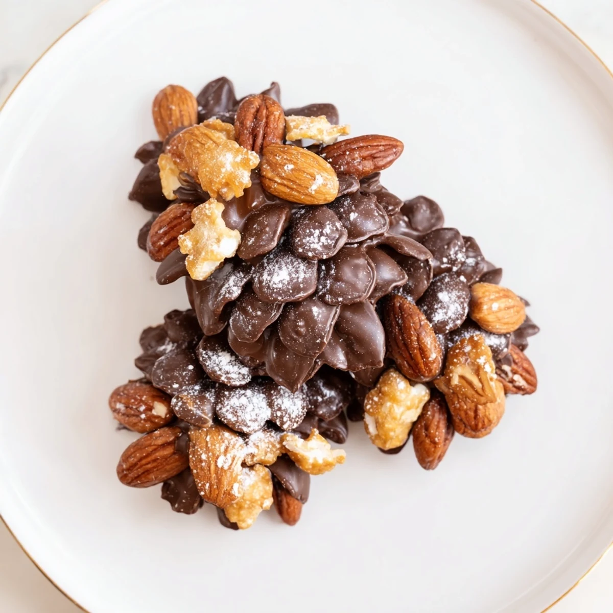 Elegant, rustic dessert: close-up of finished Pinecone Chocolate Nut Clusters on a white plate.