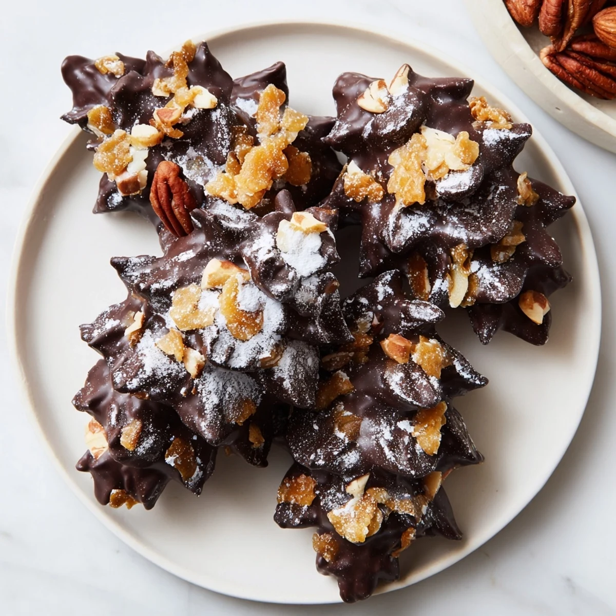 Delicious, chocolate-covered almonds and pecans shaped into adorable Pinecone Chocolate Nut Clusters.