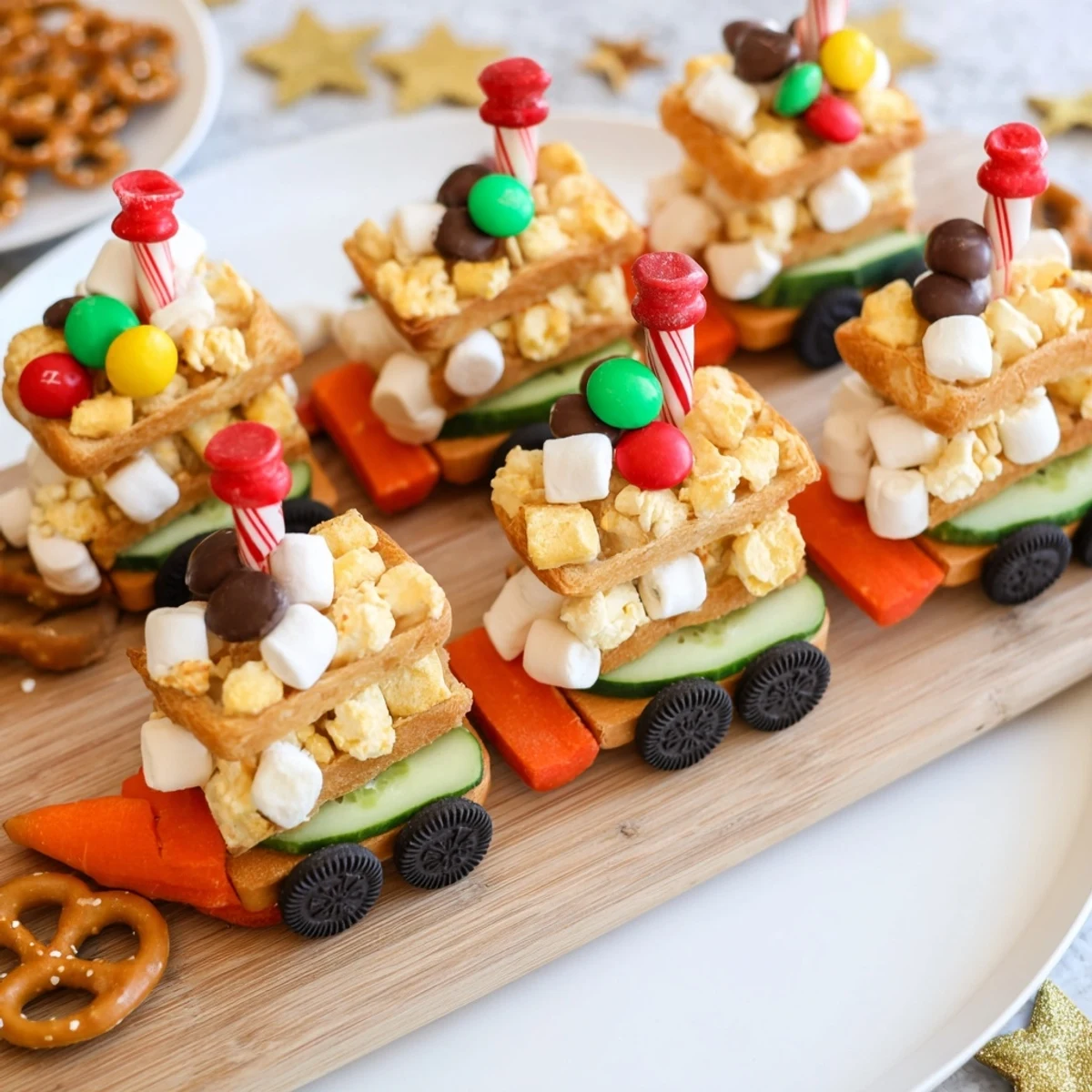 Festive Polar Express Train Treat Board piled high with colorful candies and savory snacks perfect for a holiday party.