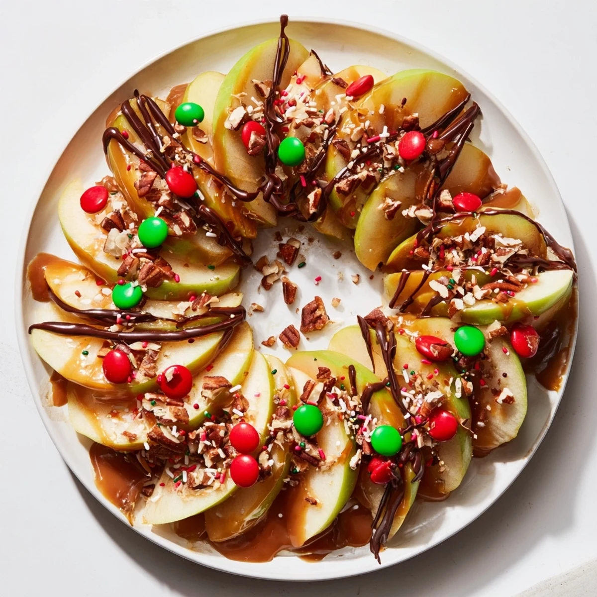 This vibrant image shows a delicious Caramel Apple Slice Christmas Wreath, ready for a Christmas party, layered with toppings.