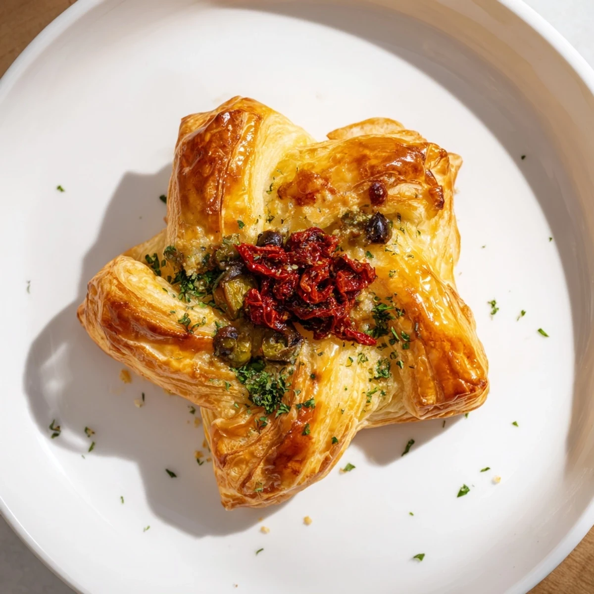 Golden Olive and Sundried Tomato Star Garland, a delightful appetizer, sizzling from the oven and ready to serve.