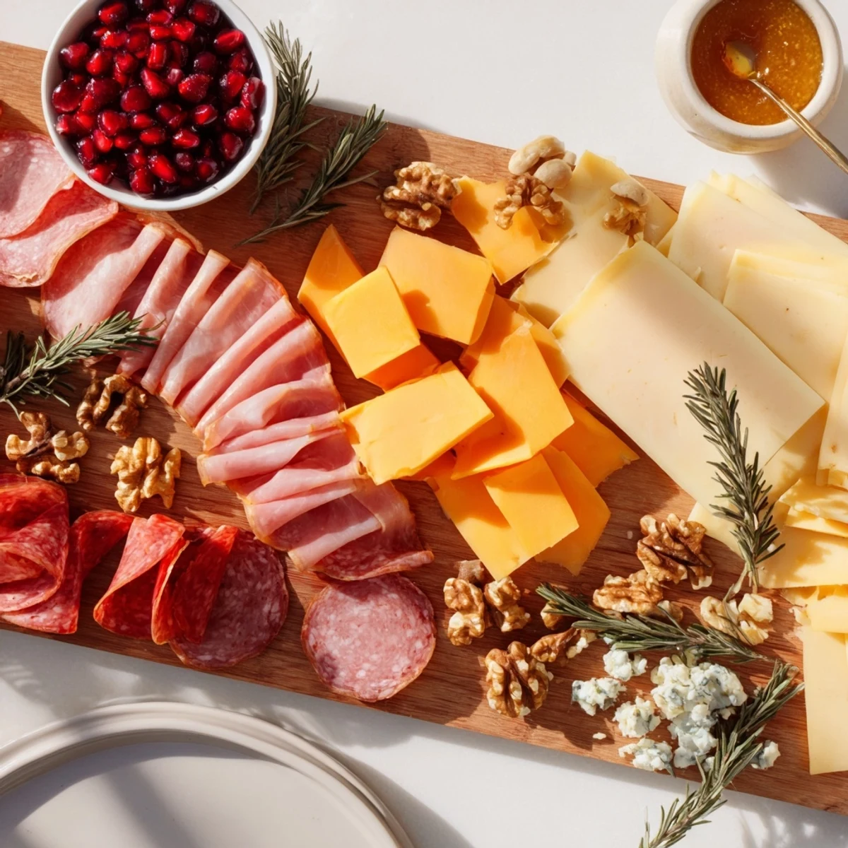 A decadent Winter Forest Meat and Cheese Charcuterie Scene, showcasing various meats, cheeses, and garnishes.