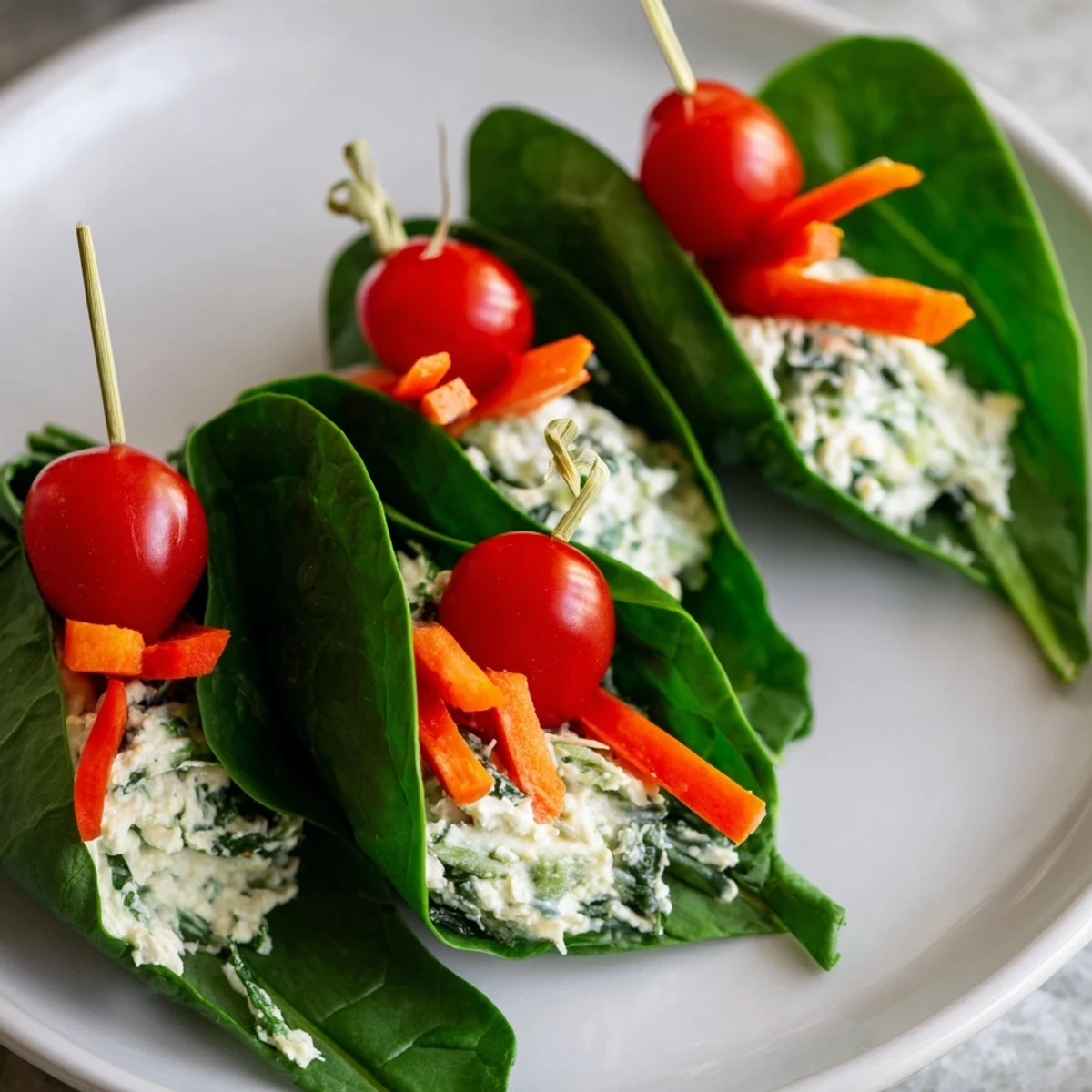 Fresh holly leaf spinach wraps, colorful with red peppers and cherry tomatoes, ready to enjoy.