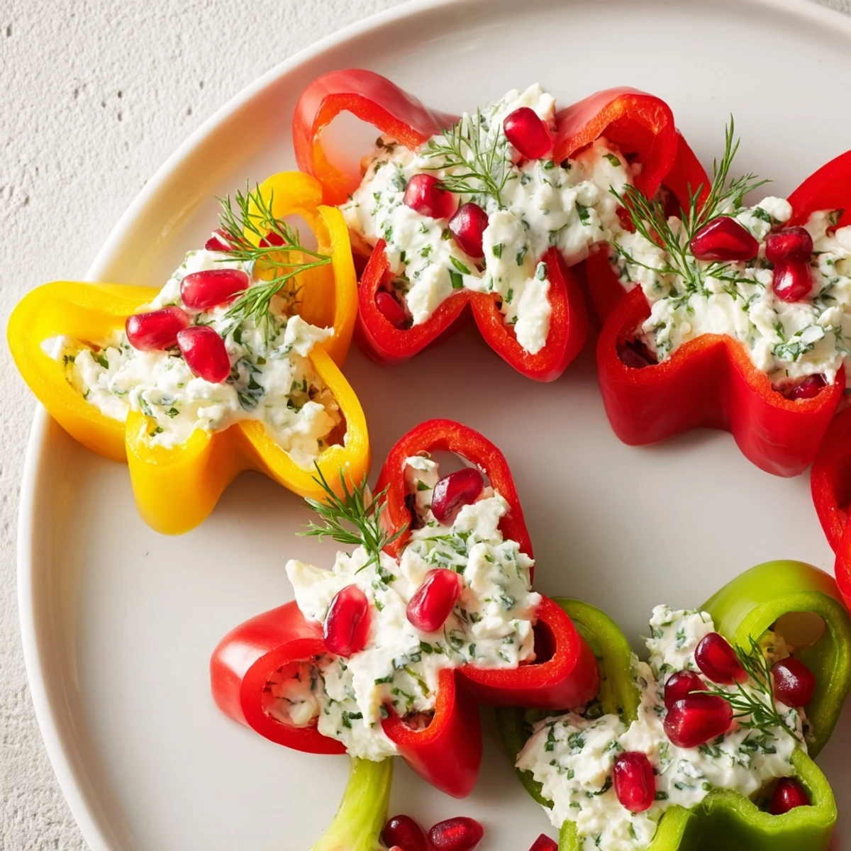 Vibrant Christmas bow appetizer made with colorful bell peppers, filled with creamy cheese filling.