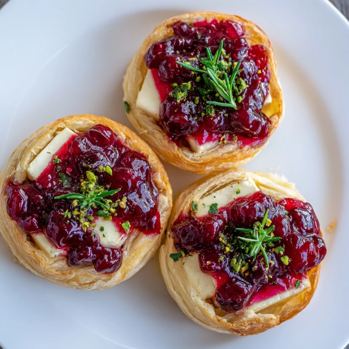 Close-up of a festive Cranberry Brie Bites Wreath, showing off melty brie and vibrant cranberry sauce.