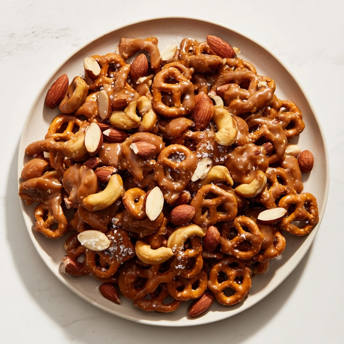 Salted caramel pretzels and nuts, glistening with caramel, mixed nuts, and flaky sea salt.