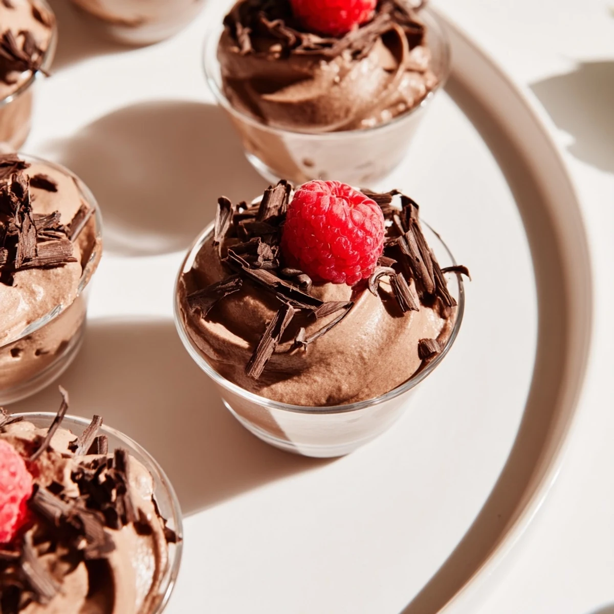 Individual servings of decadent chocolate mousse dessert cups, with smooth texture and delicate garnish.