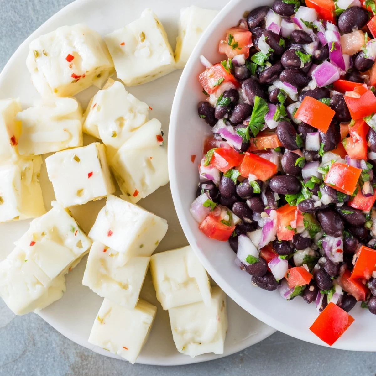 Appetizing photo of flavorful Pepper Jack bites served with colorful homemade black bean salsa.