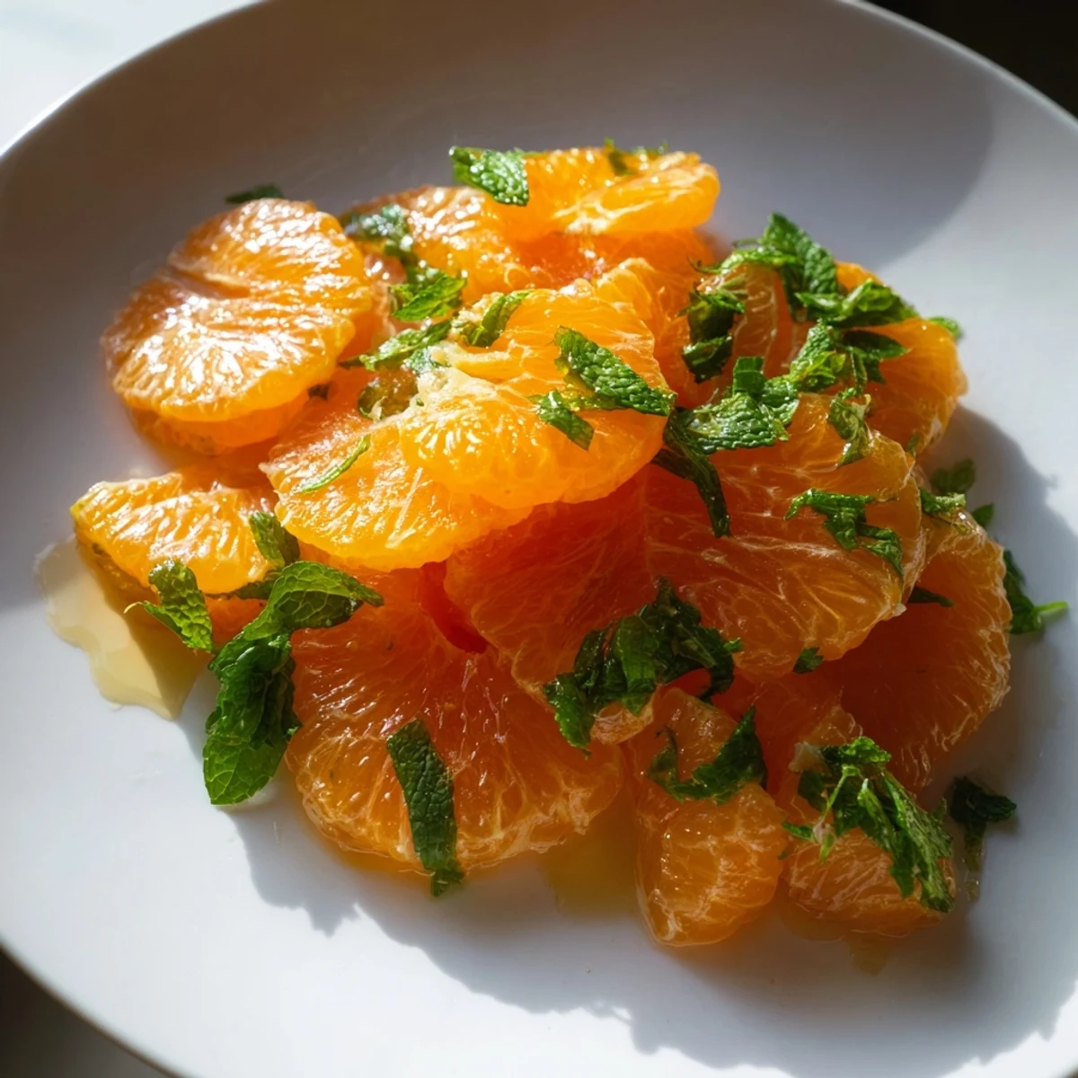 Close-up of a refreshing clementine and mint winter fruit salad, showcasing juicy citrus and fresh mint.