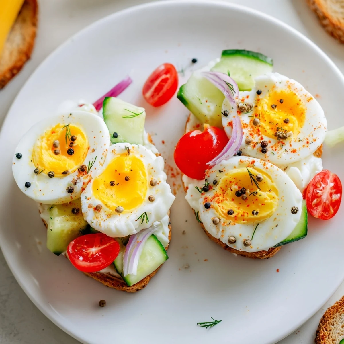 Brunch Board: Sliced eggs with everything bagel seasoning arranged beside fresh veggies and spreads.