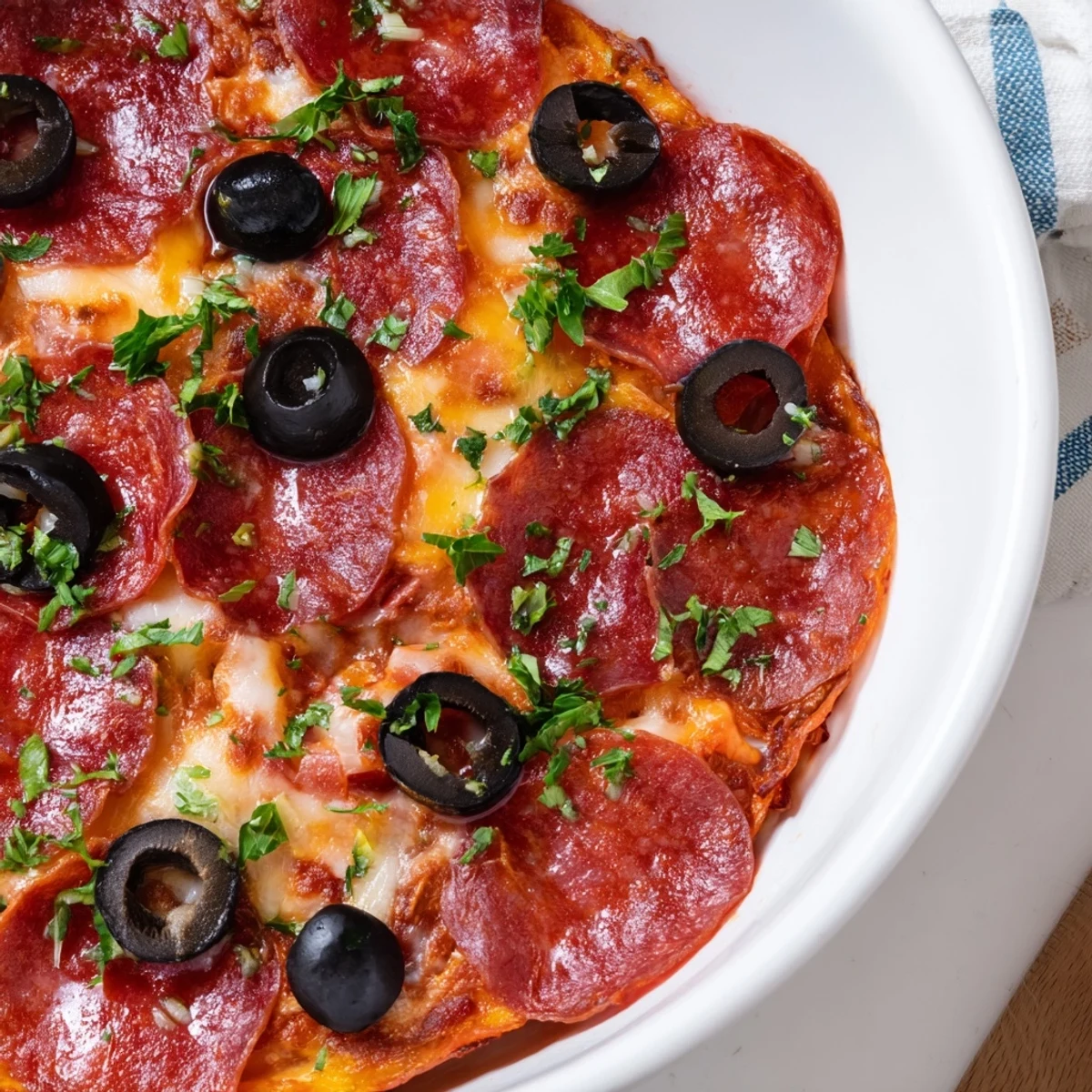 Savory sliced pepperoni and olive halves appetizer, ready to eat, a perfect party snack.