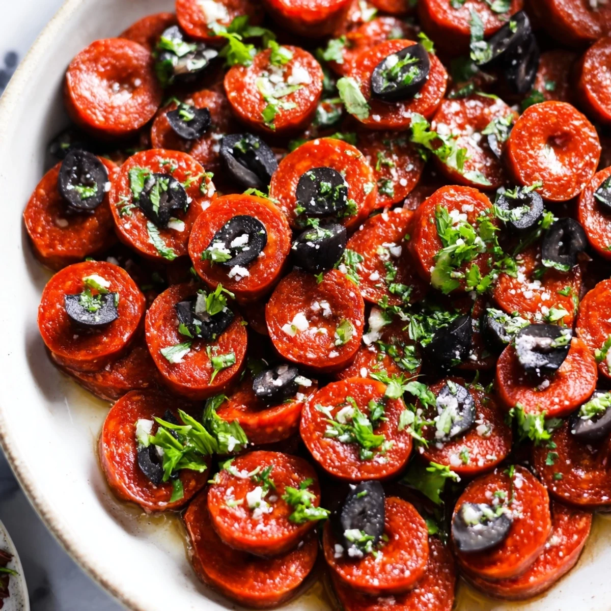 A colorful platter of sliced pepperoni and olive halves, ideal for a quick summer bite.