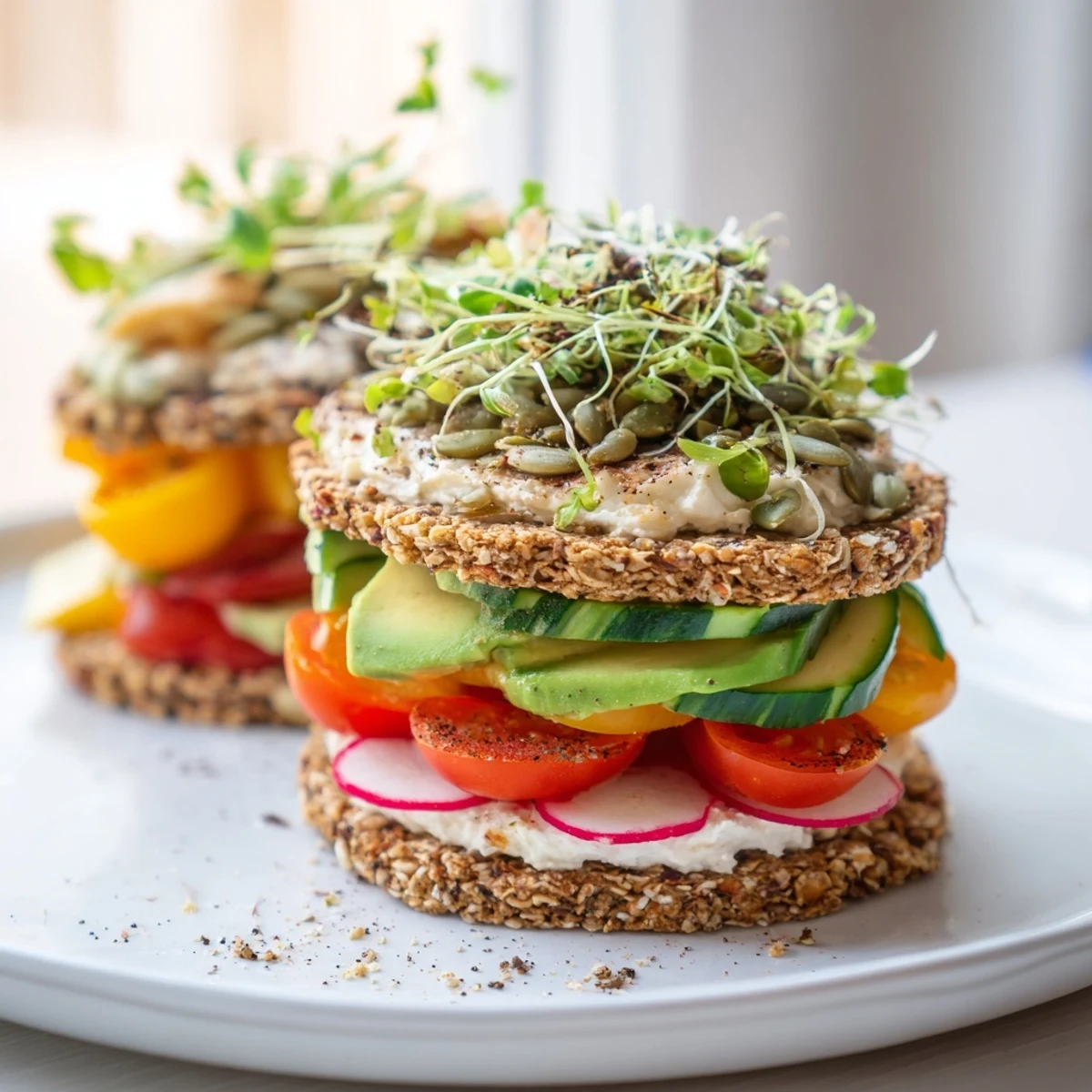 A layered Gluten-Free Gourmet Tower displays colorful gluten-free bread and cracker stacks with fresh veggie toppings.