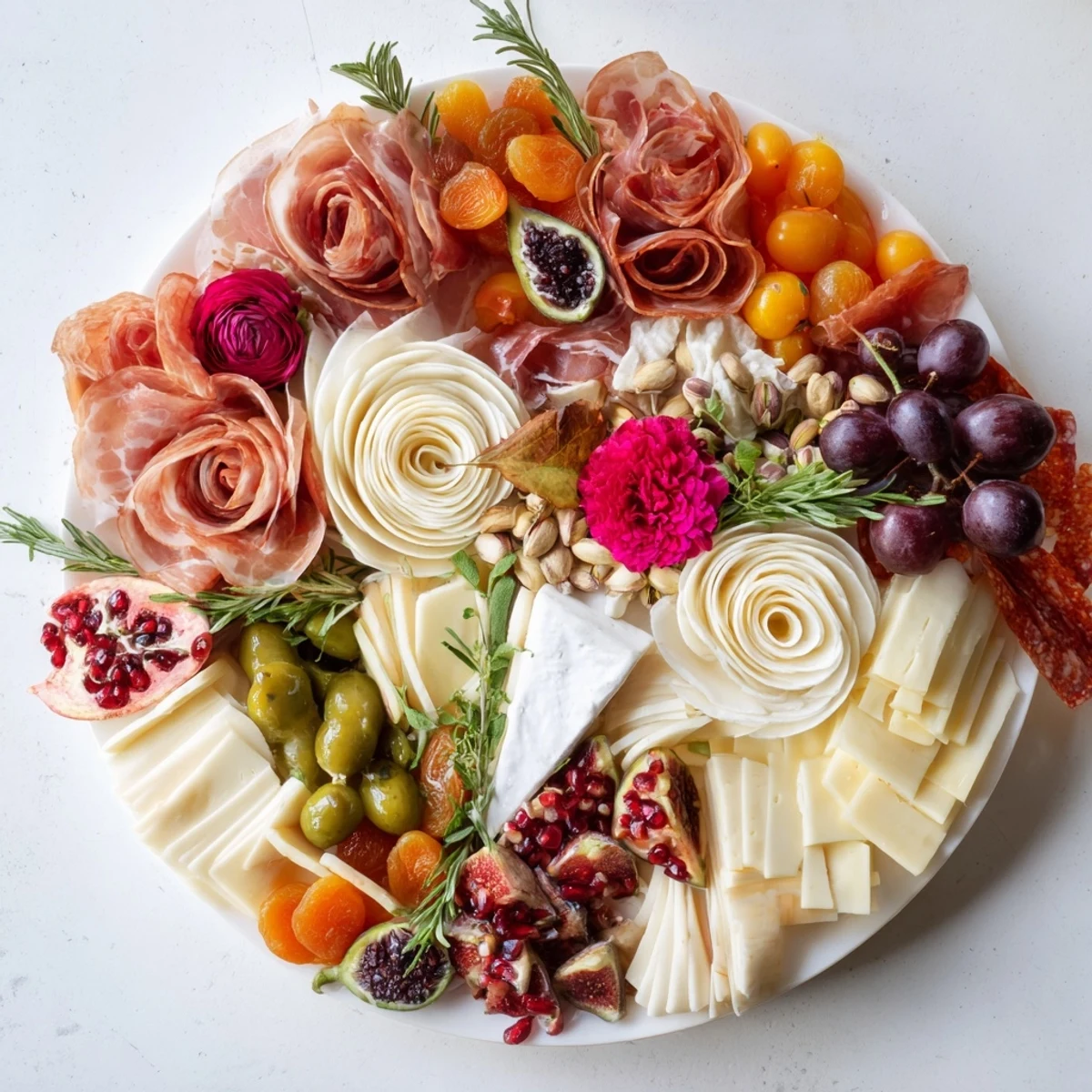A glamorous Advanced Artisan Array charcuterie board overflowing with savory meats, cheeses, and elegant garnishes.
