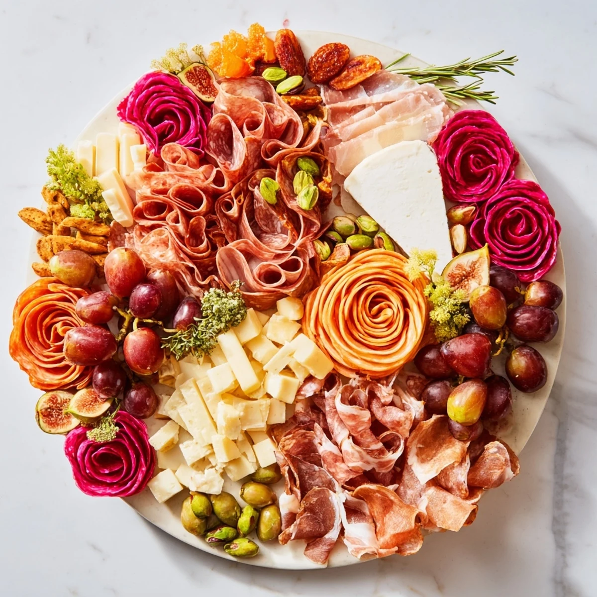 Artfully arranged Advanced Artisan Array featuring vibrant fruits, artisanal cheeses, and beautiful, cured meats.
