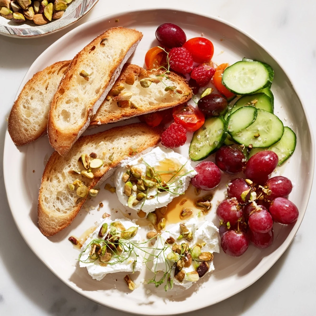 A beautifully arranged Zero-Proof Celebration Spread with colorful fruits, cheeses, and non-alcoholic sparkling drinks.