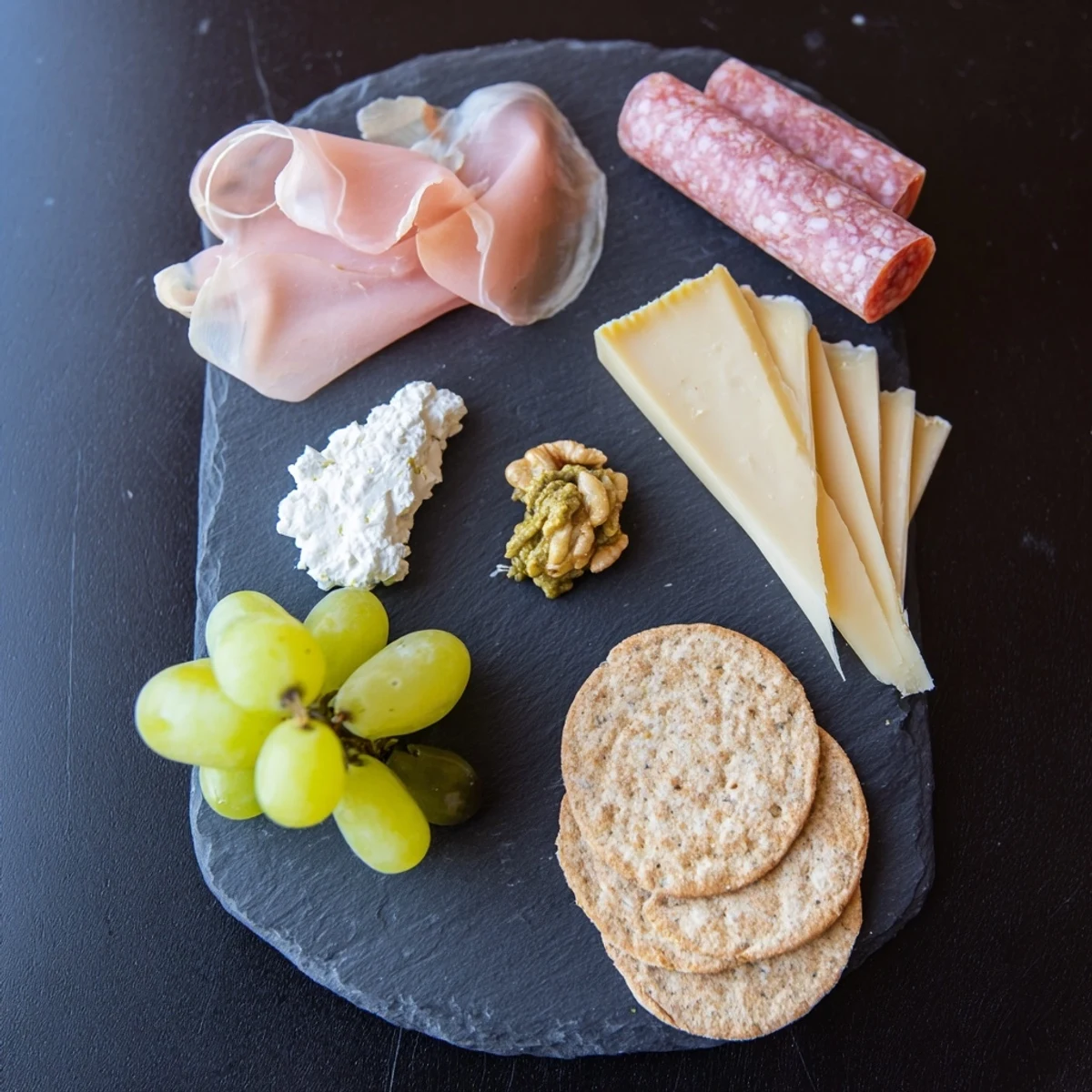 A compact Charcuterie Board for One displays savory meats, cheeses, and grapes for easy enjoyment.