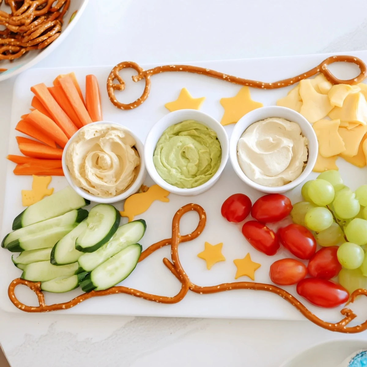 A colorful Kids Snack Adventure Map platter with pretzel paths leading to cheese and veggie treasures.