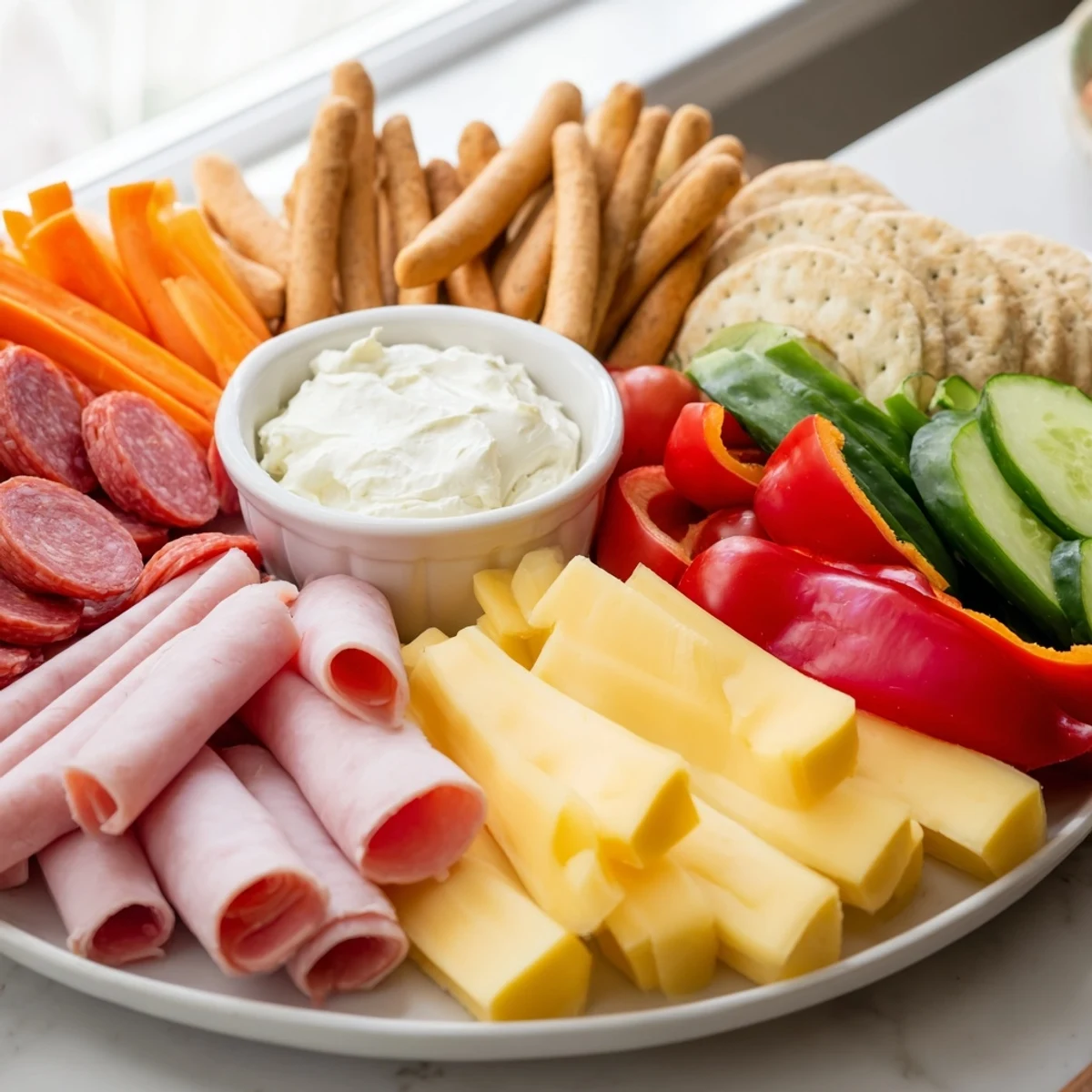 See a tempting platter of budget-friendly family spread featuring cheeses, meats and veggies perfect for sharing and gatherings.