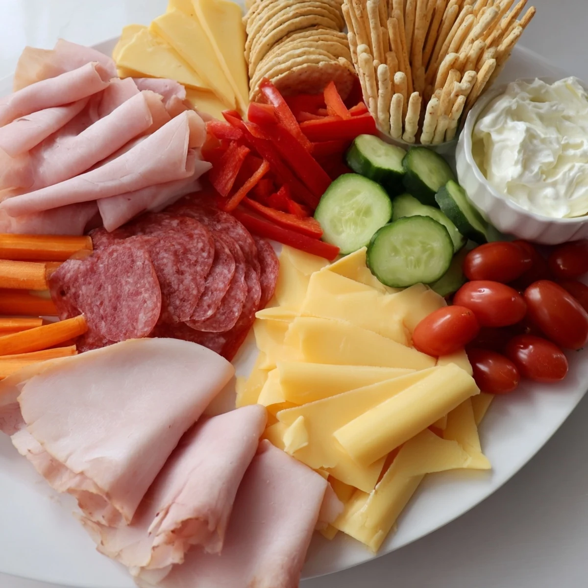 This easy budget-friendly family spread showcases vibrant meats and cheeses alongside crisp veggies, ready to enjoy.