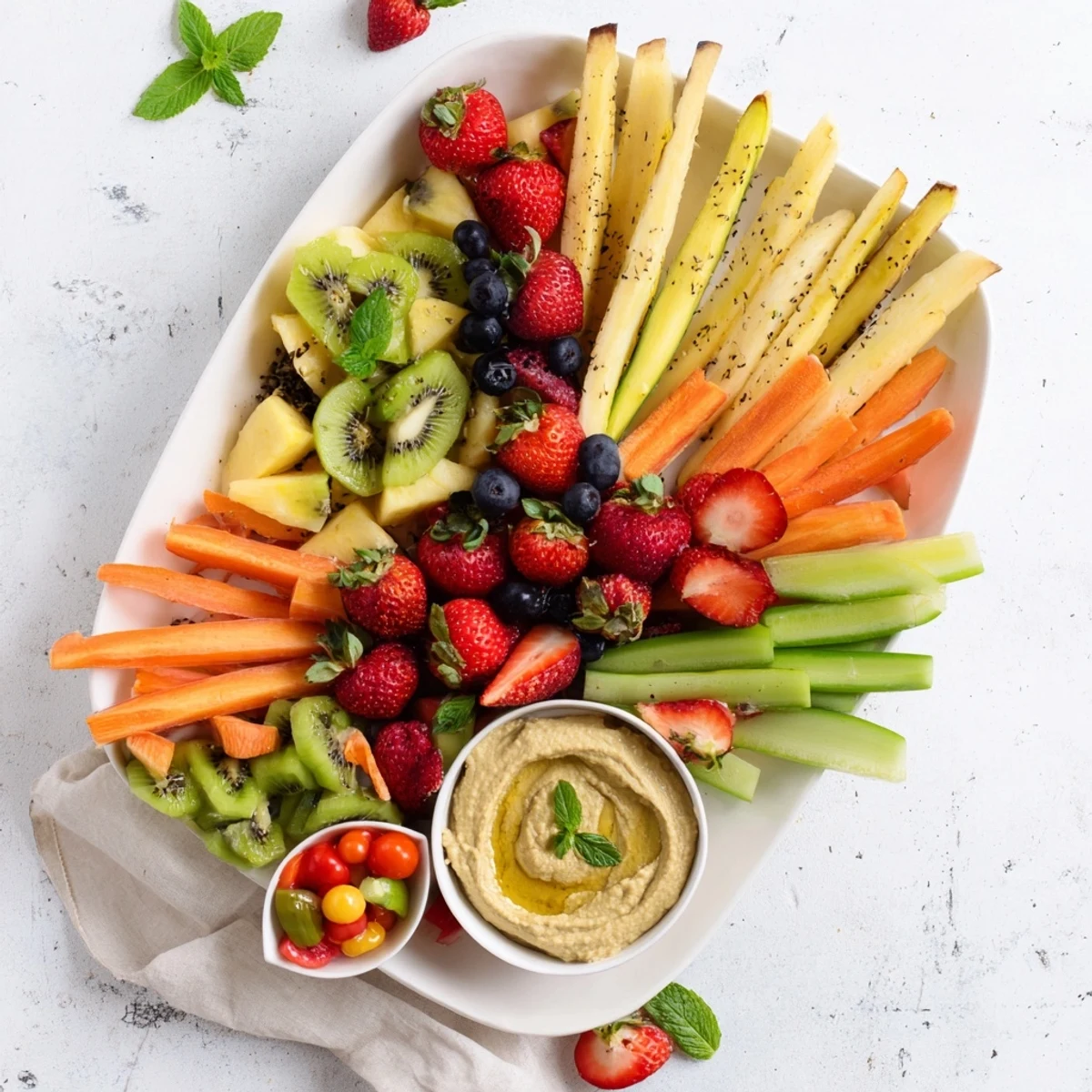 Vibrant Vegan Global Gardener Platter with colorful vegetables, fruits, and dips, ready to enjoy.