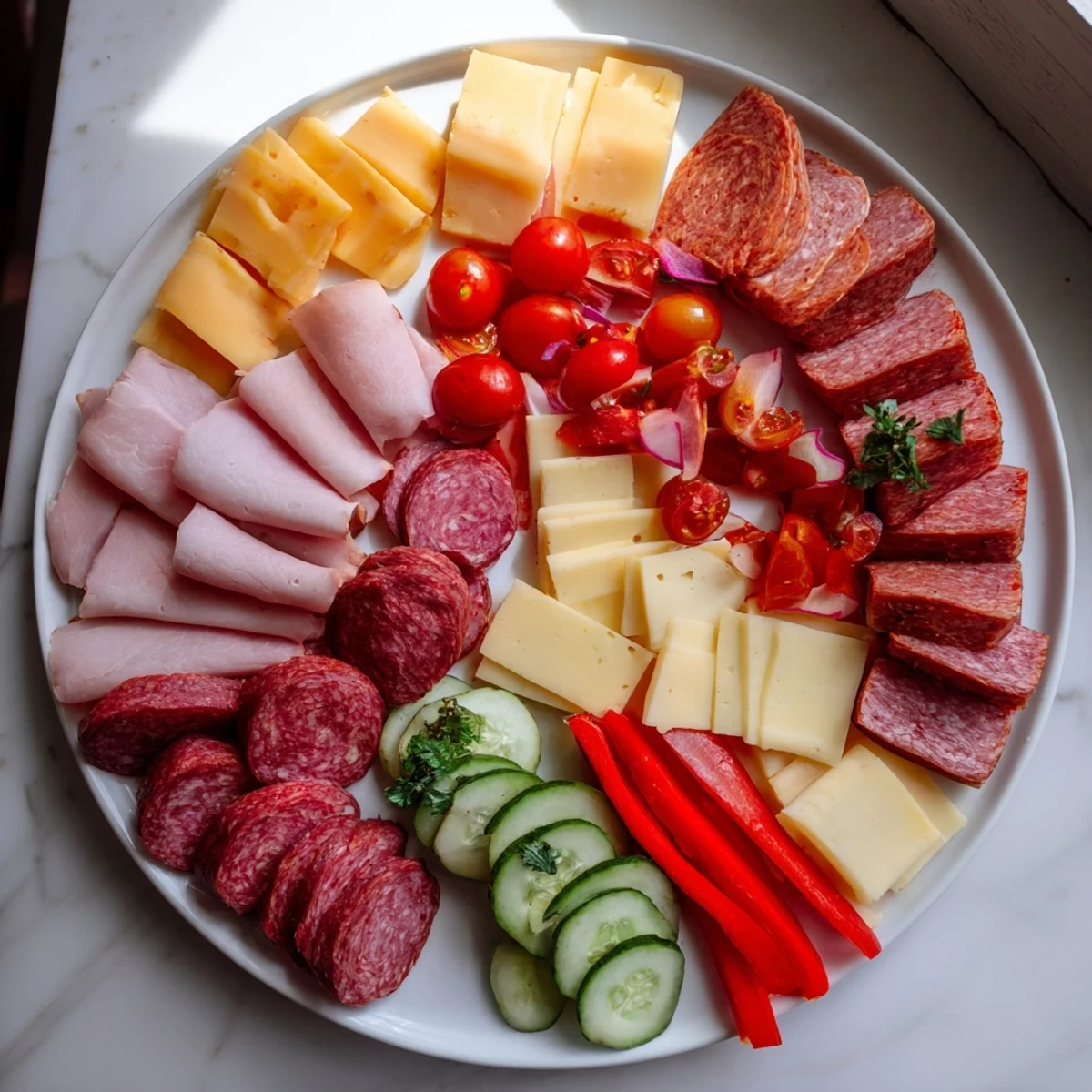 A colorful Keto Power Plate with vibrant meats, cheeses, and fresh crisp vegetables, ready to eat.