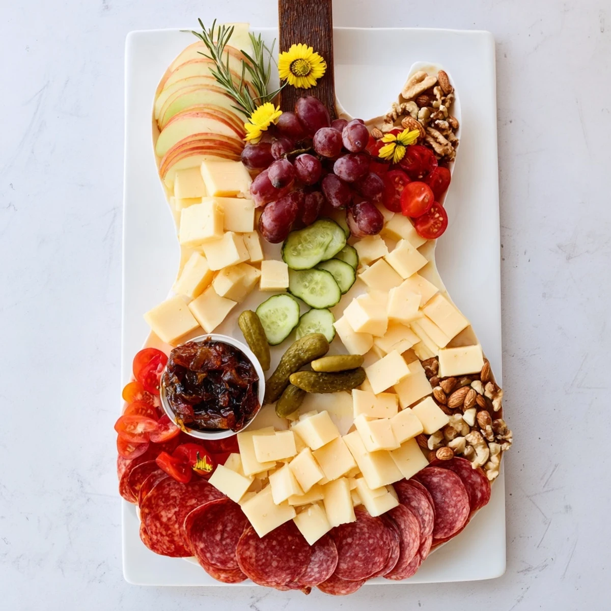 Rock Star Guitar Platter arranged with cheeses, meats, and fruits, creating a delicious party appetizer.
