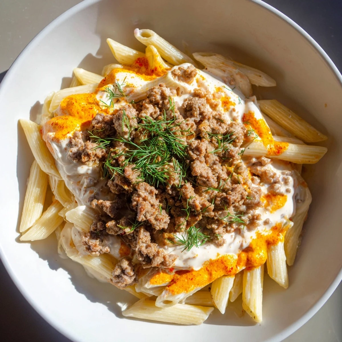 Steaming Turkish pasta with ground turkey is shown drizzled with paprika butter, ready to serve and enjoy.