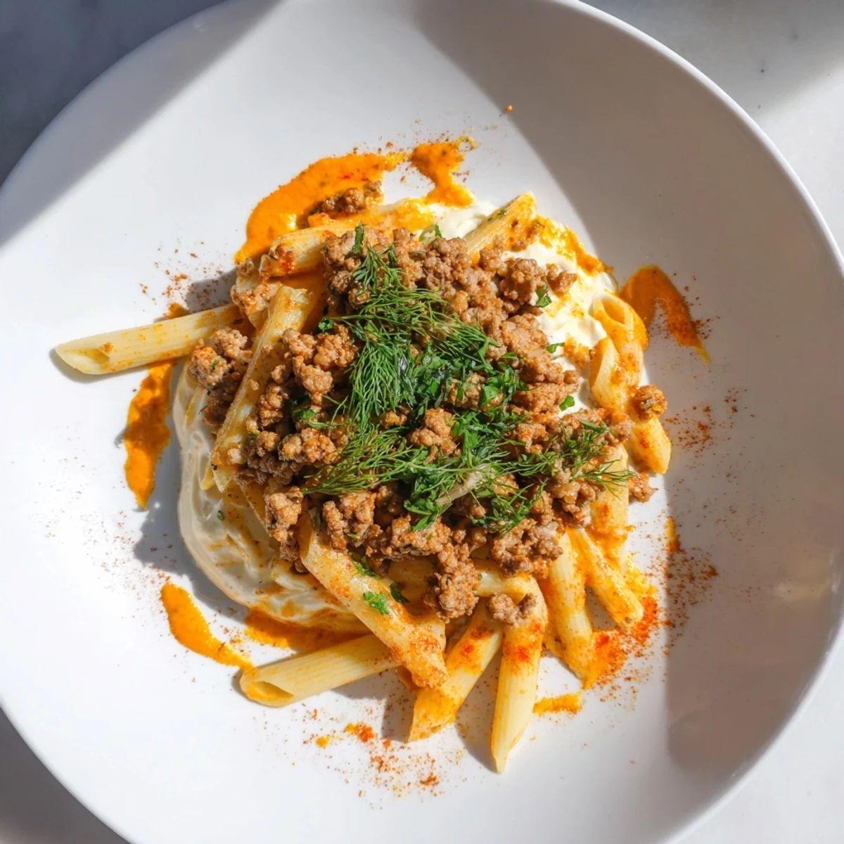 A close-up of a bowl of Turkish pasta with ground turkey, garnished with fresh herbs and creamy yogurt.