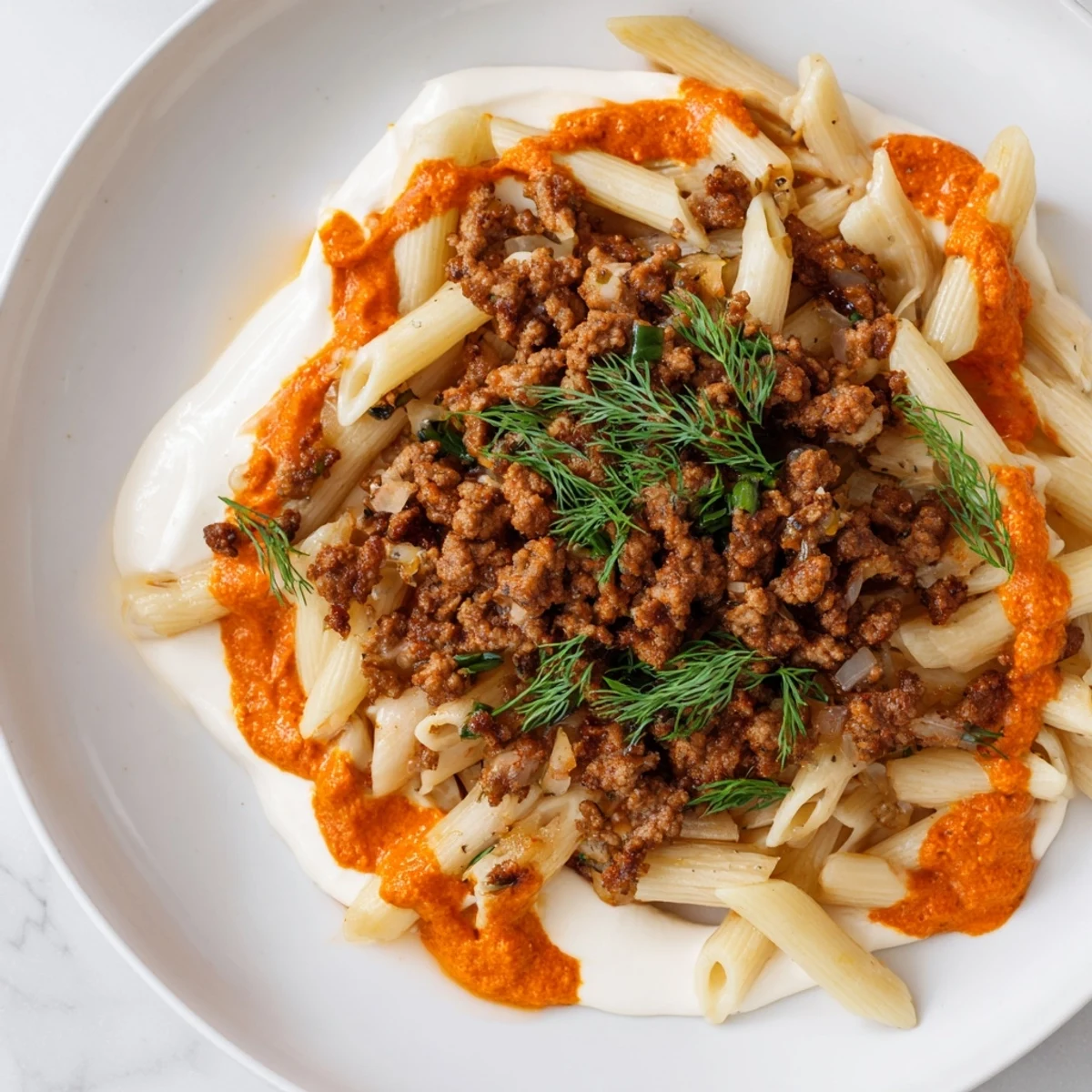 Delicious Turkish pasta with ground turkey, a vibrant dish featuring flavorful ground meat and pasta.