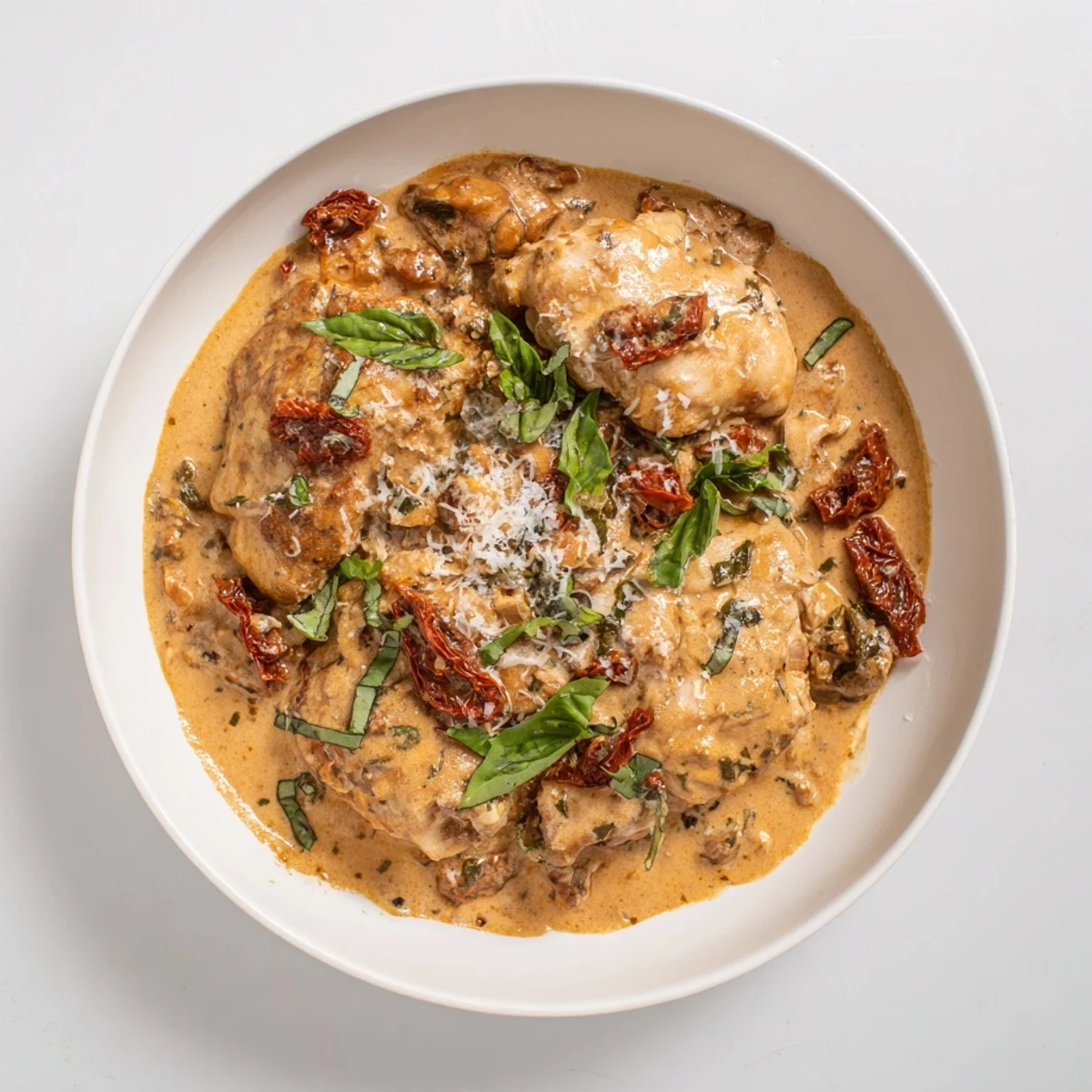 Succulent Creamy Sun-Dried Tomato Chicken Skillet, a one-pan meal with golden-brown chicken and a vibrant sauce.