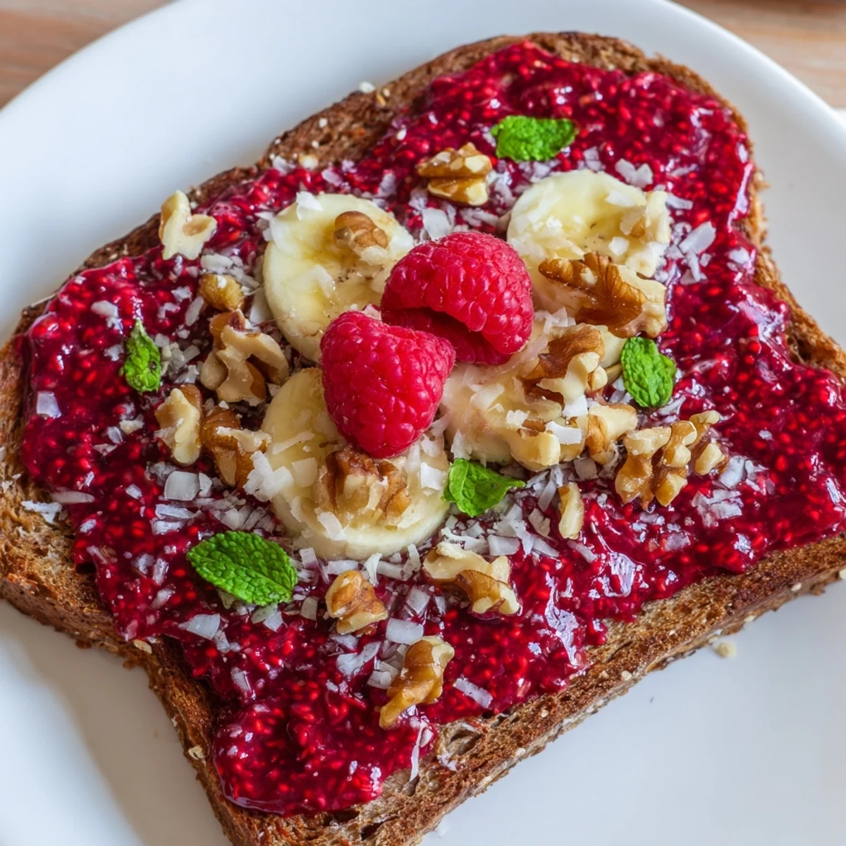 Vibrant raspberry chia jam toast, a breakfast masterpiece with glistening, freshly made chia jam.