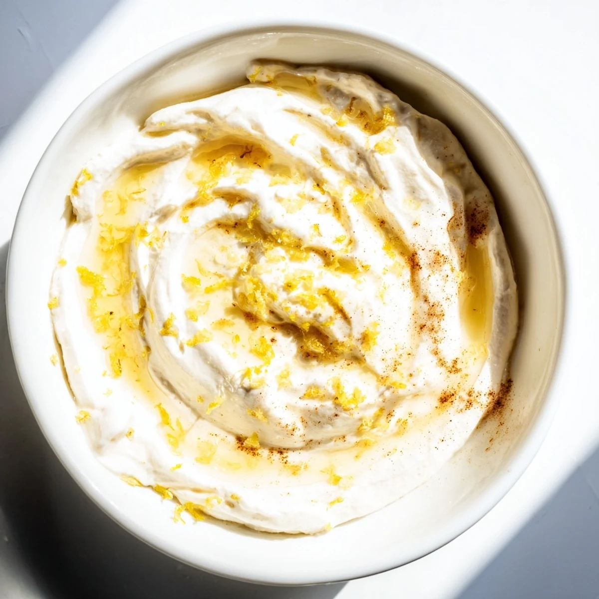 Creamy Greek Yogurt Fruit Dip, drizzled with honey, ready to serve with colorful fruit slices.